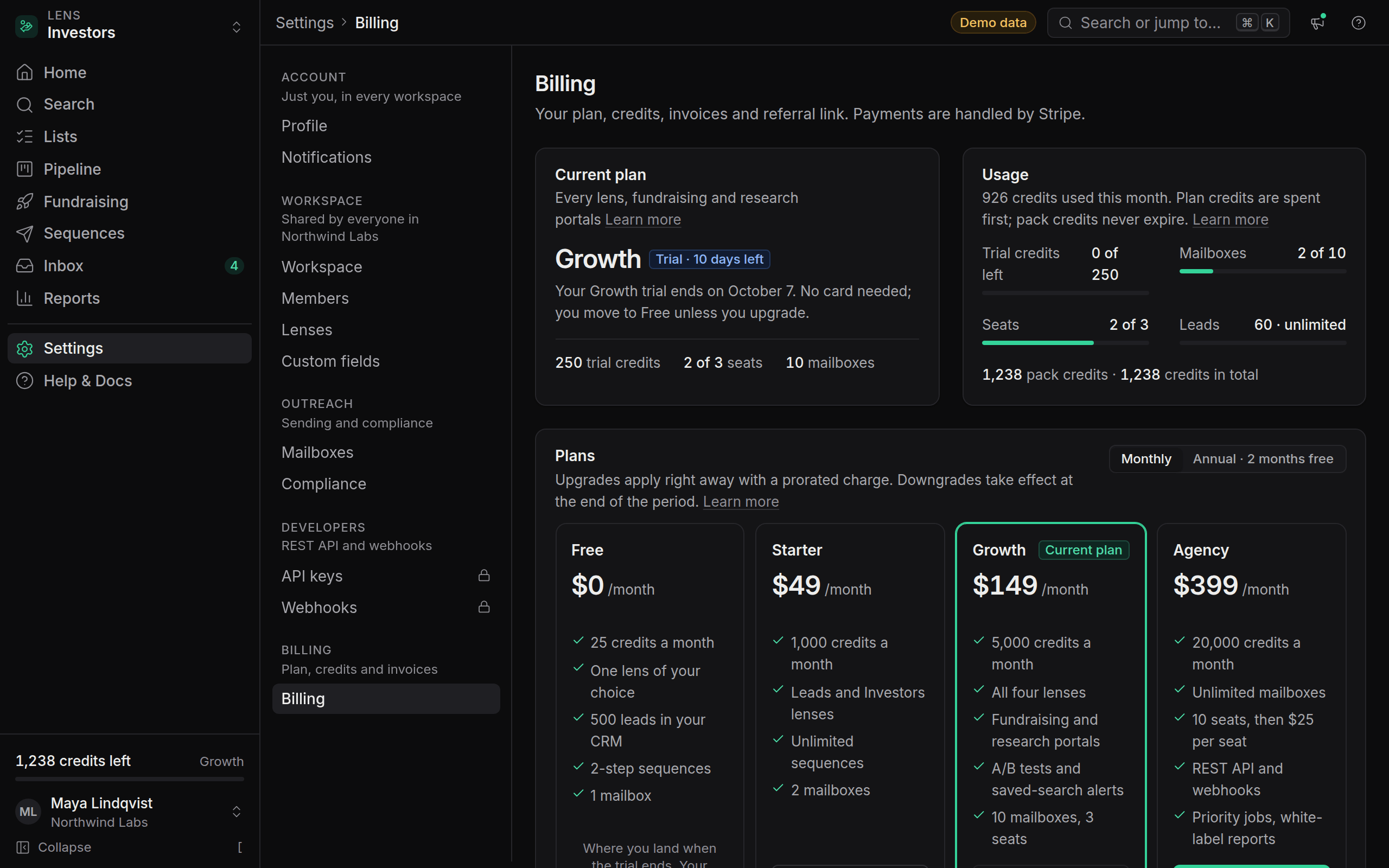 Billing settings with the current plan, usage meter, plan comparison and invoices