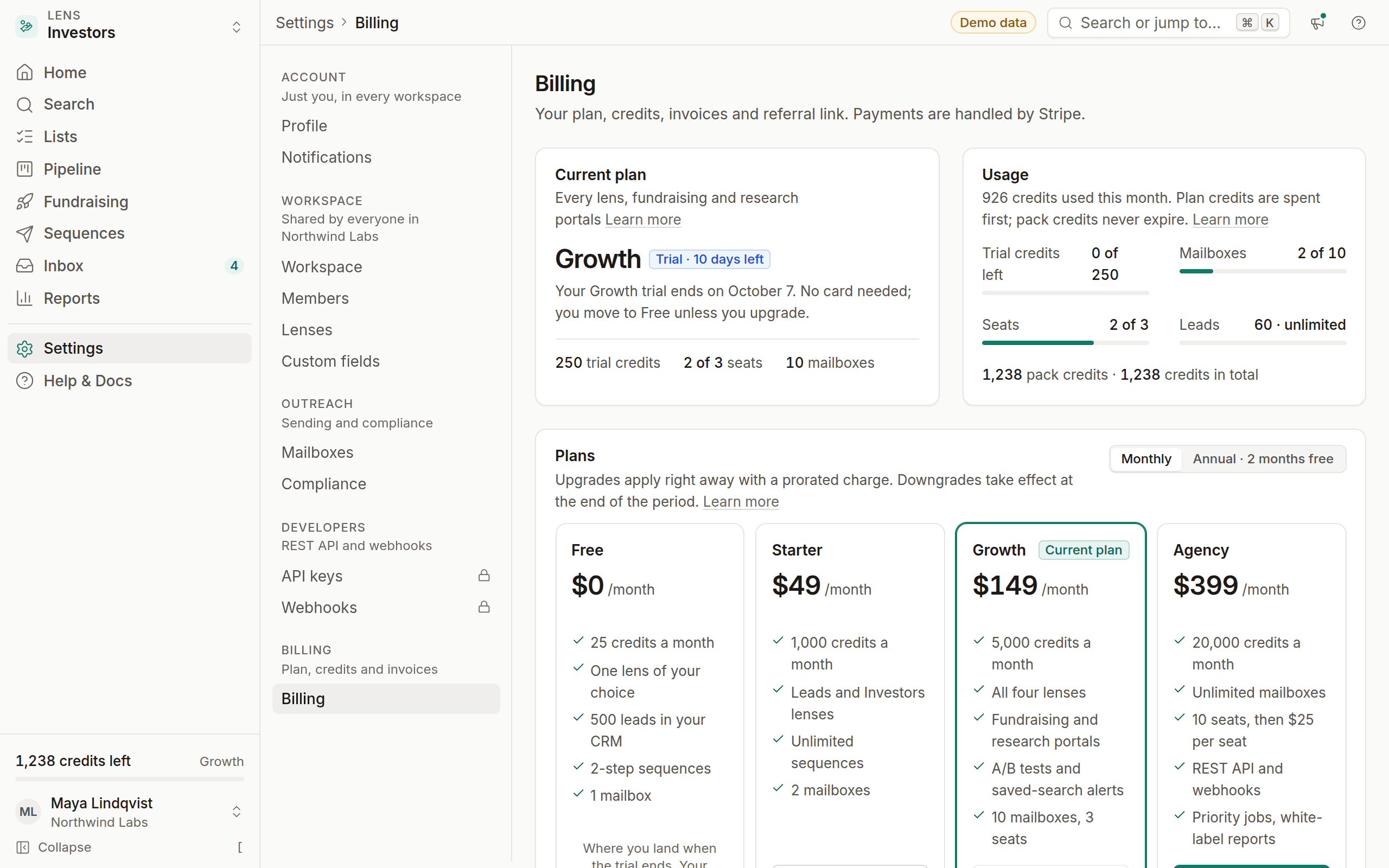 Billing settings with the current plan, usage meter, plan comparison and invoices