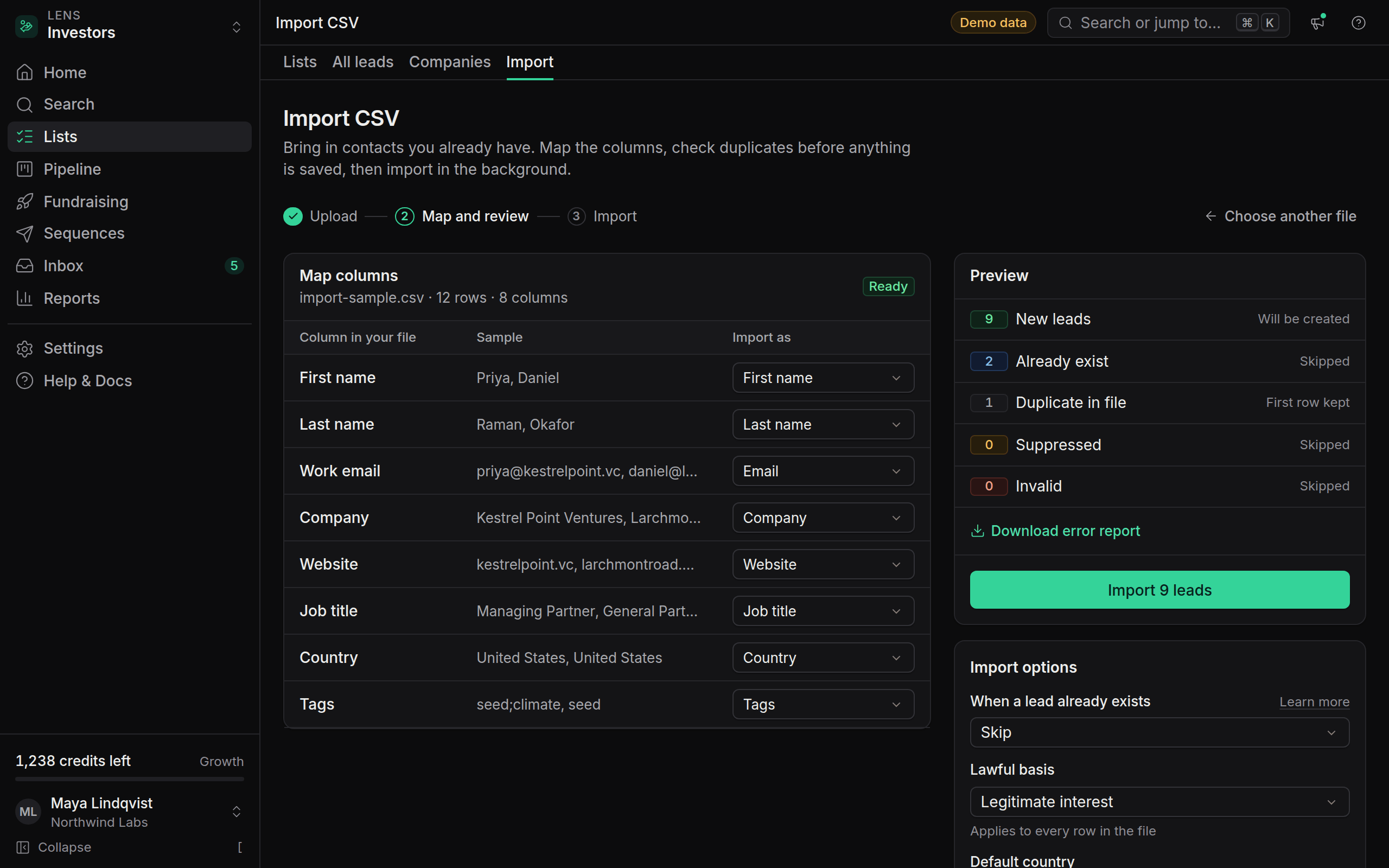CSV import with column mapping on the left and a dedupe preview on the right