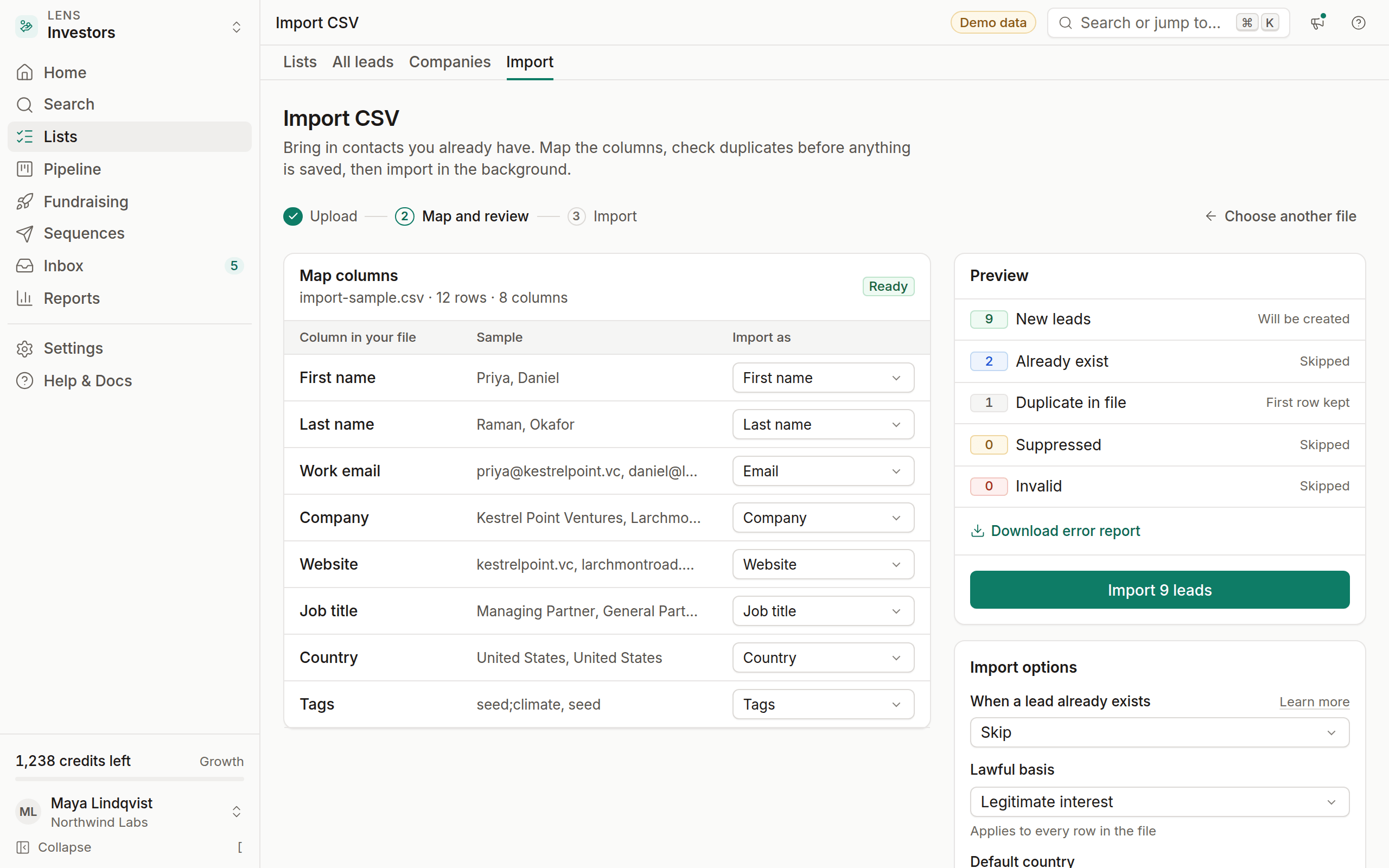 CSV import with column mapping on the left and a dedupe preview on the right
