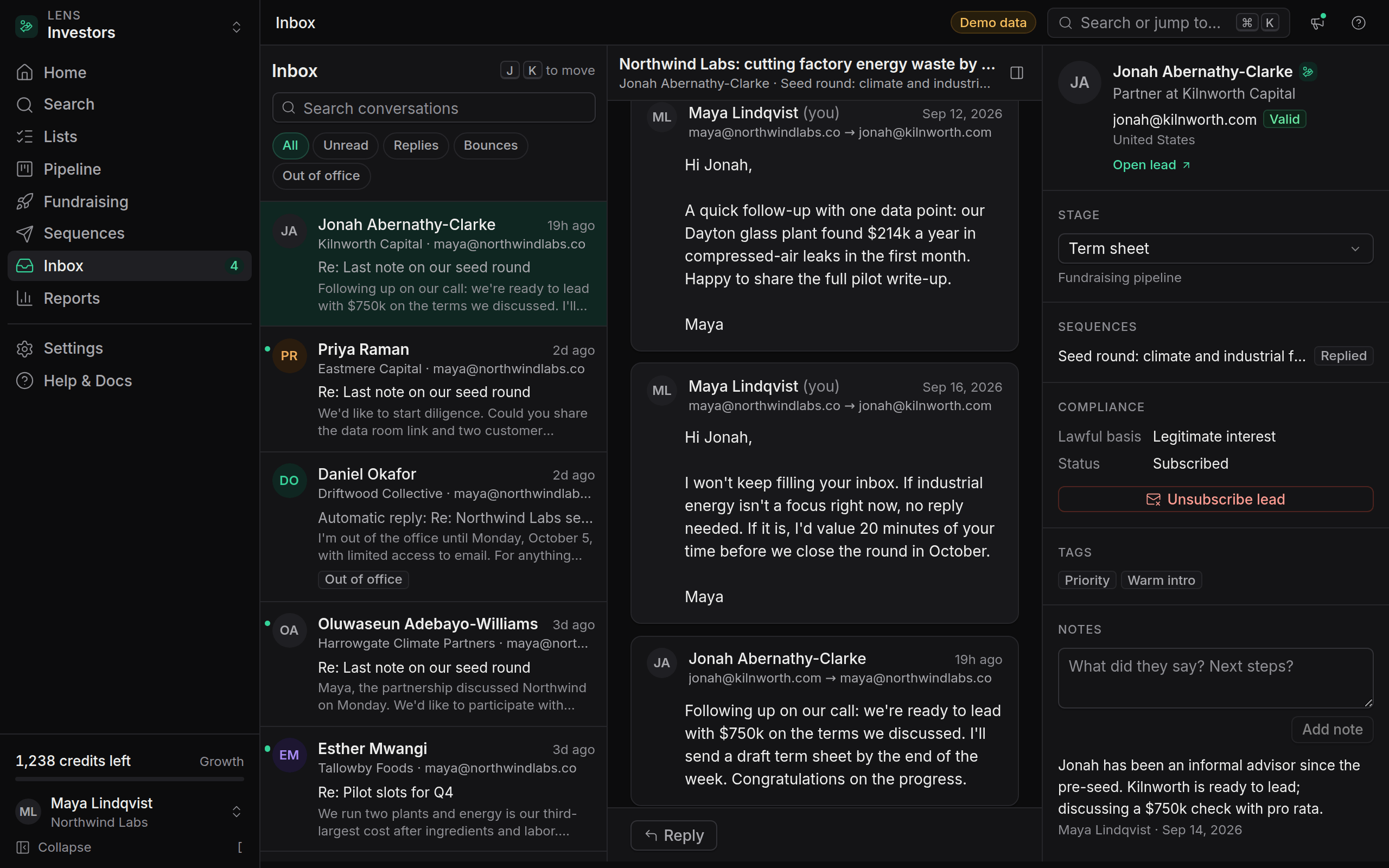 Inbox with the conversation list on the left, the thread in the middle and lead context on the right