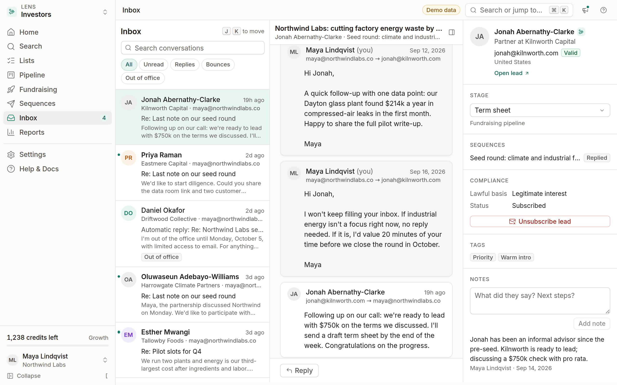 Inbox with the conversation list on the left, the thread in the middle and lead context on the right