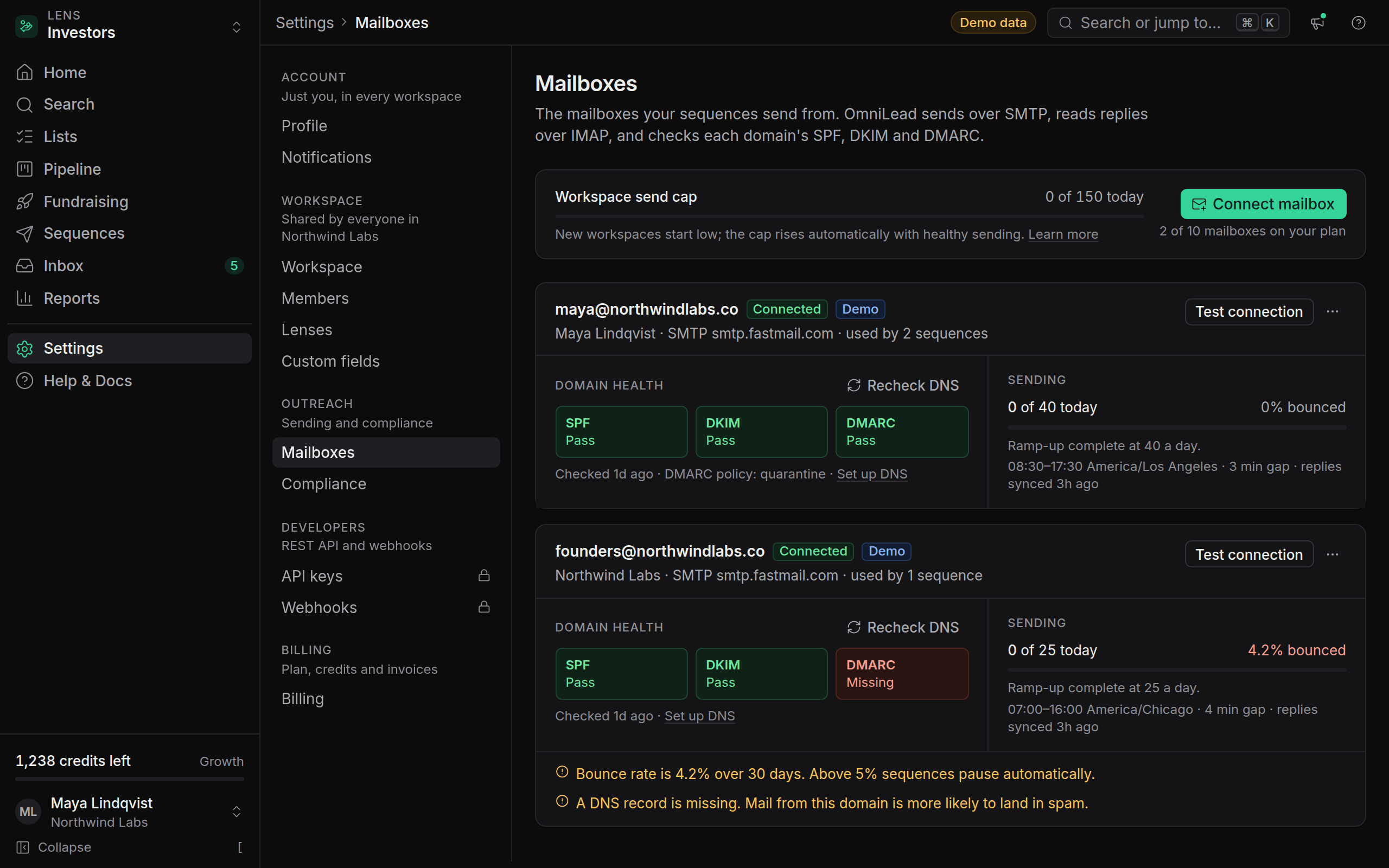 Mailbox settings with the Test connection results