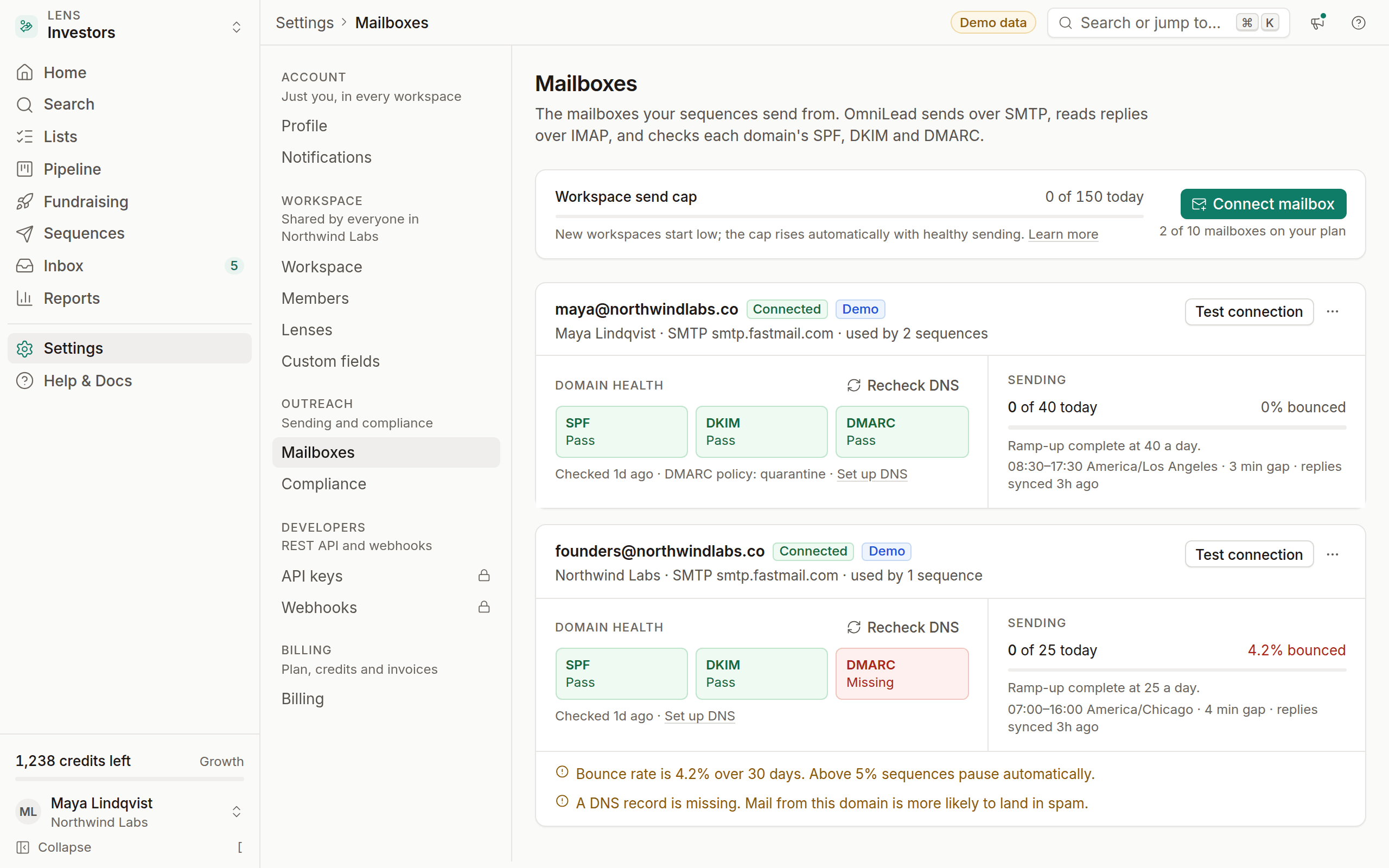 Mailbox settings with the Test connection results