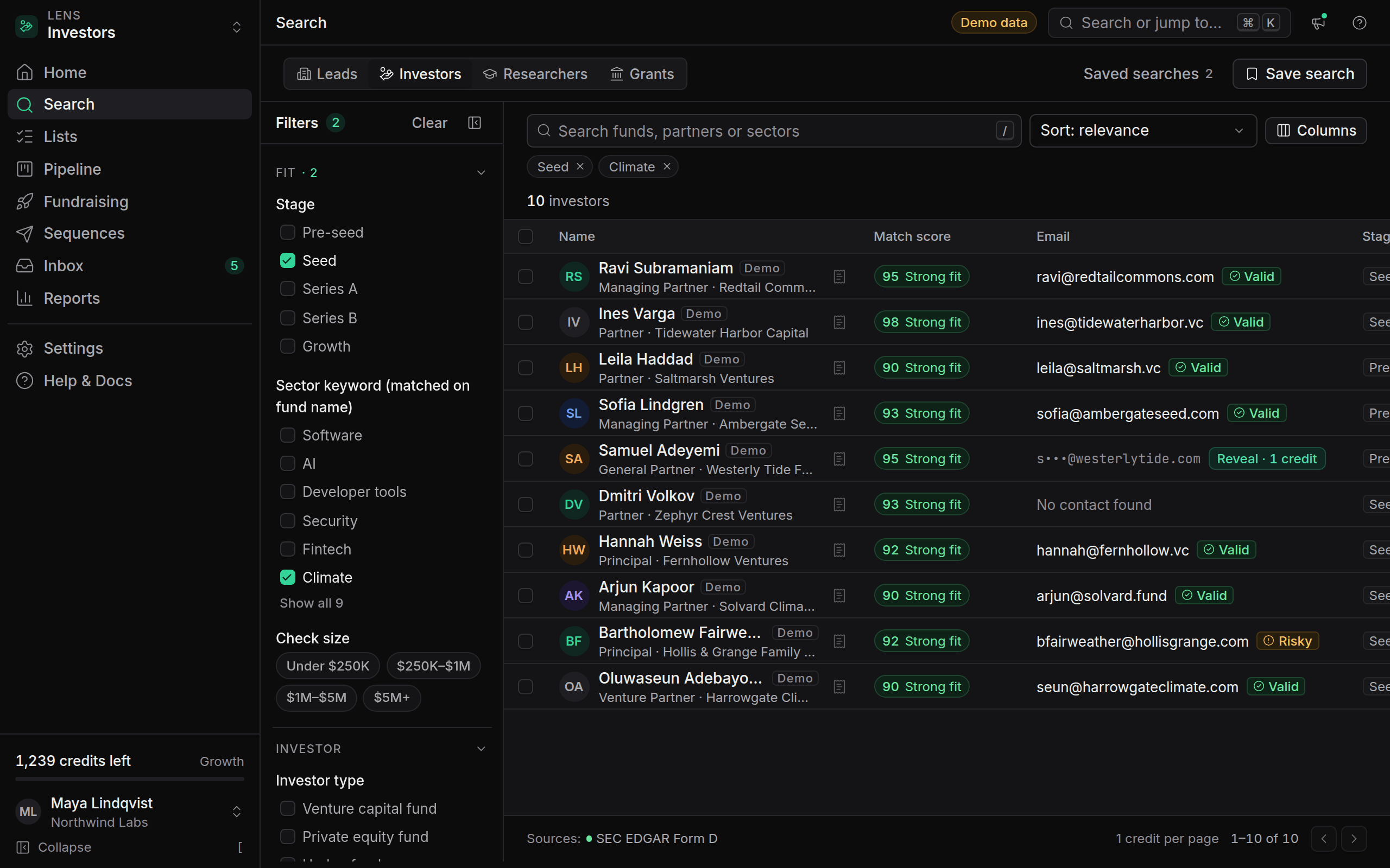 Investor match scores and intro requests