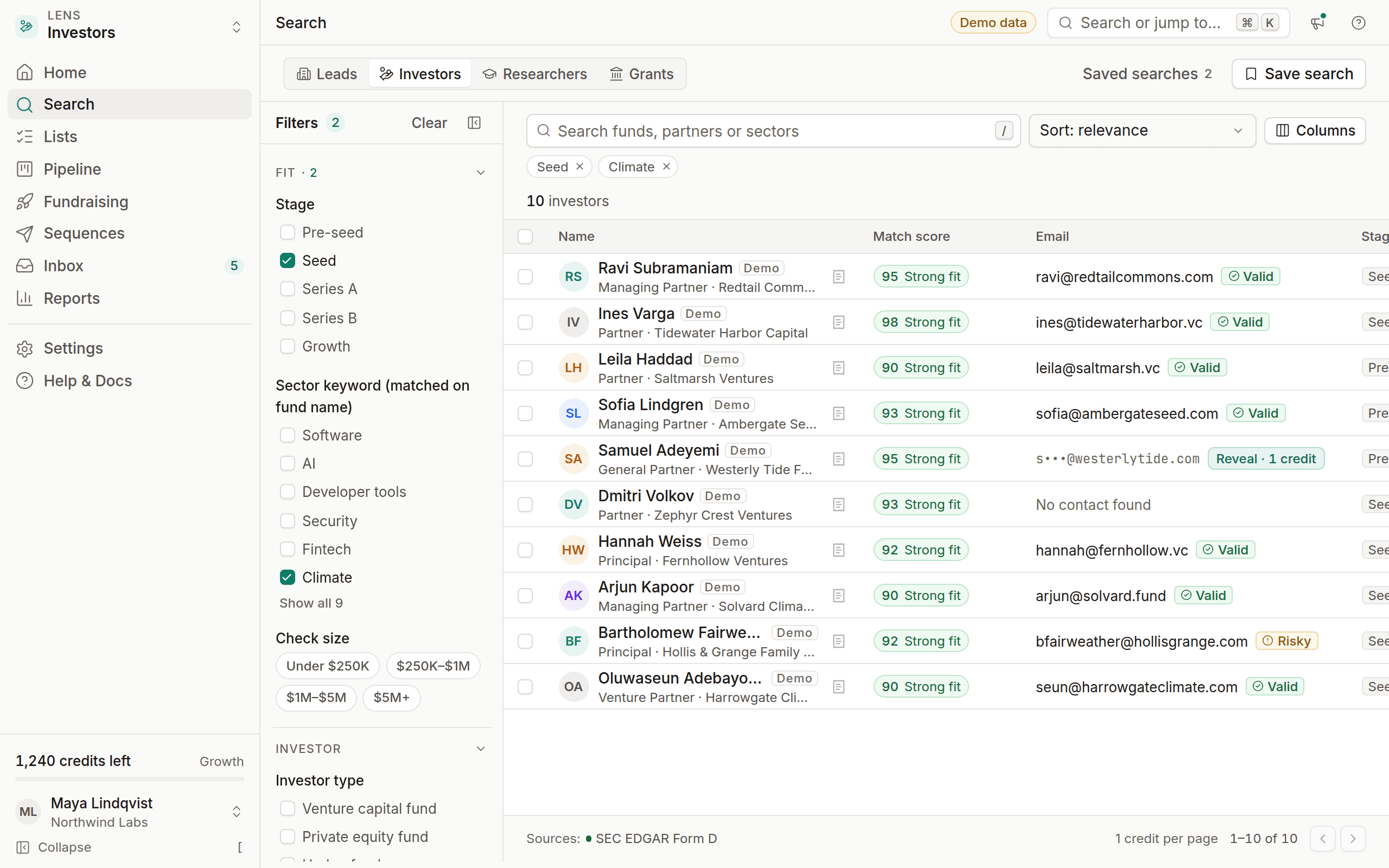 Investor match scores and intro requests