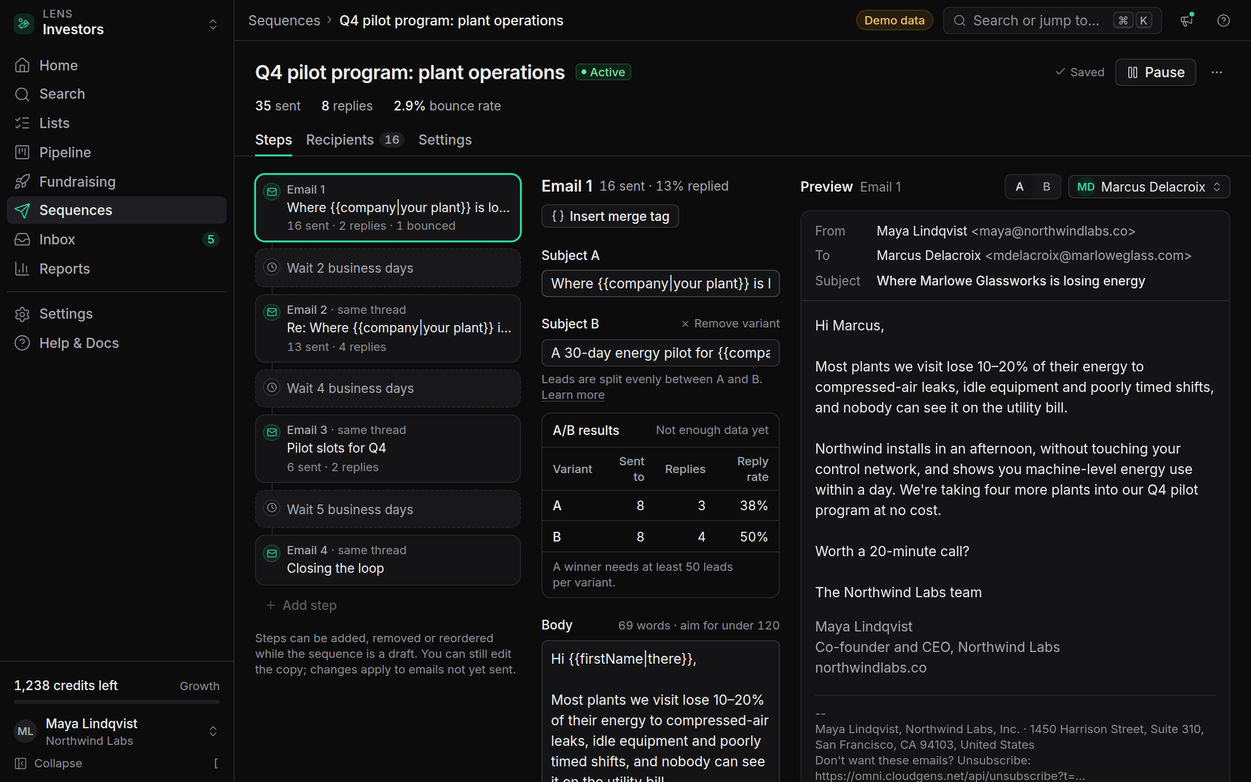Sequence builder with a vertical timeline of steps on the left and a live preview for a selected lead on the right