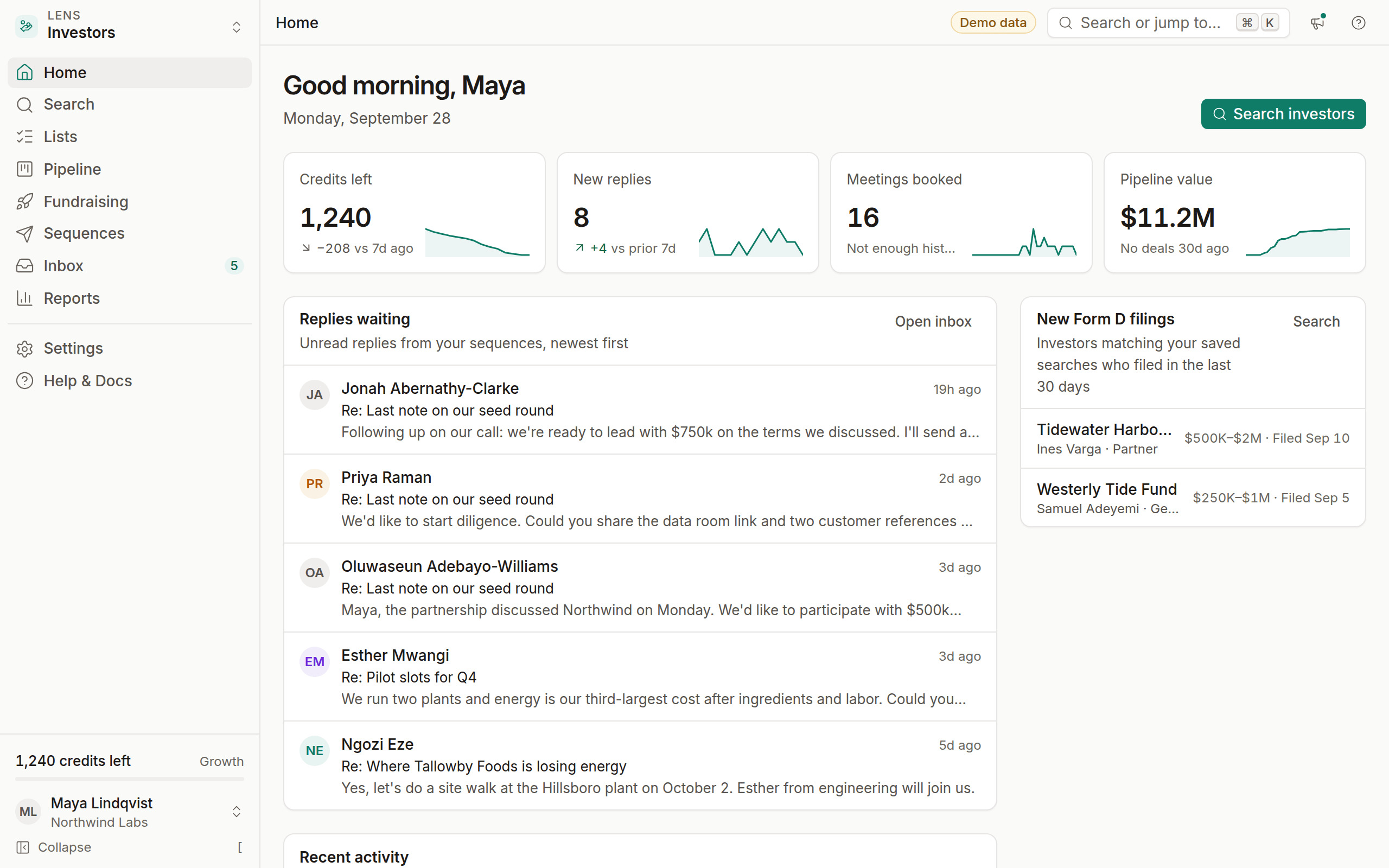 The OmniLead home screen with the getting-started checklist, four KPI tiles and replies waiting