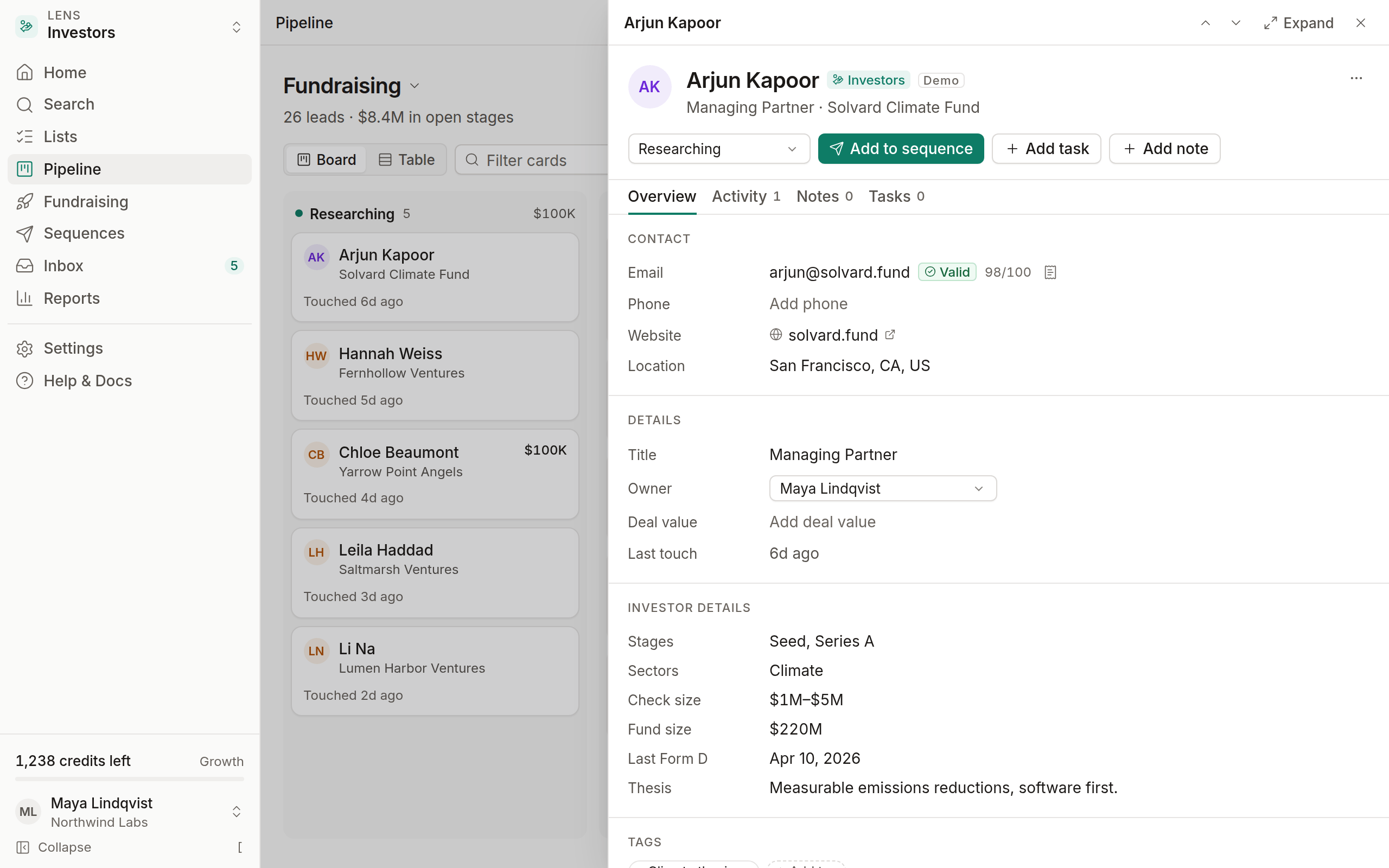 Lead drawer showing contact details with verification and provenance, stage, tags and the activity timeline