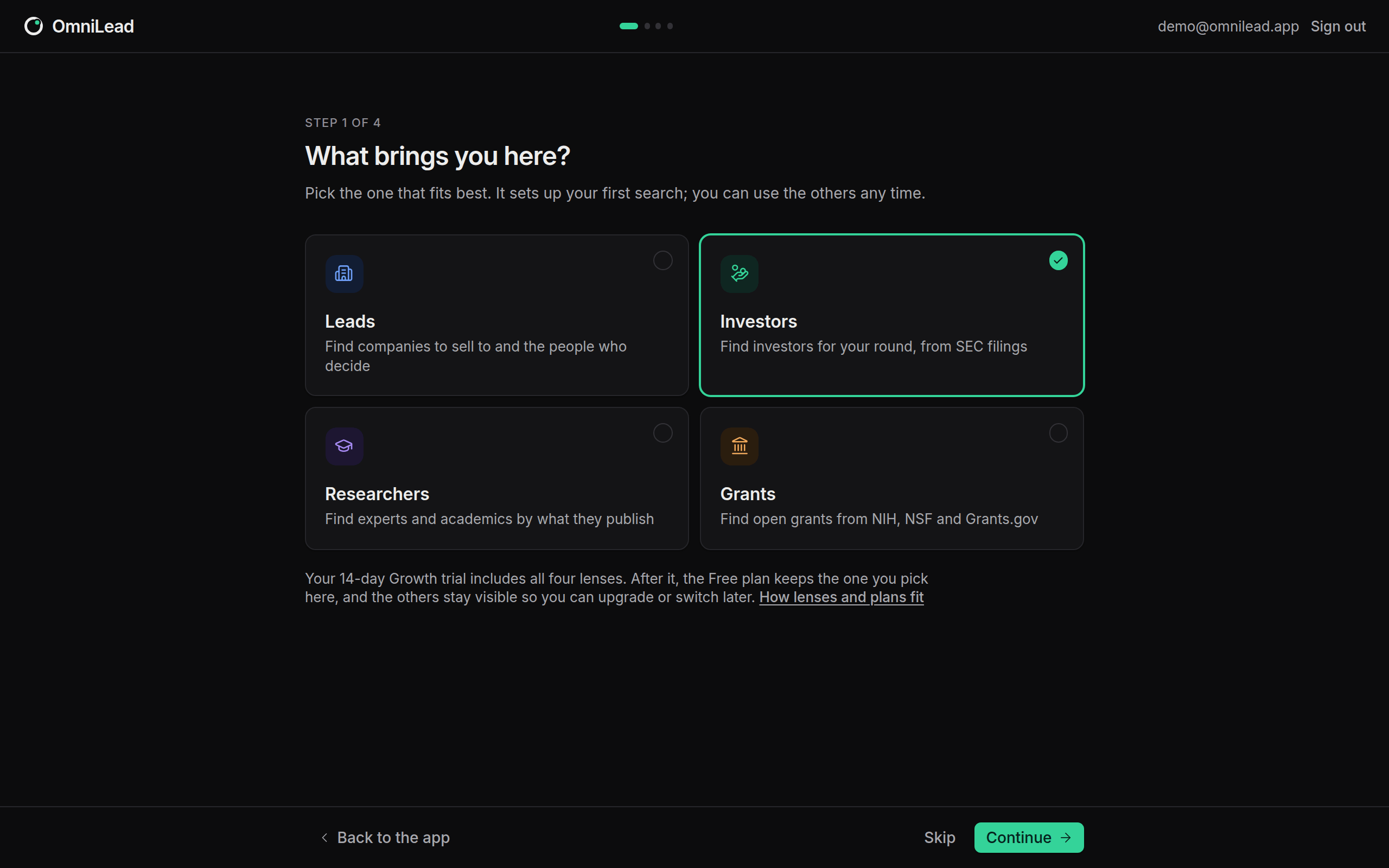 Onboarding step one with four large cards: Leads, Investors, Researchers and Grants