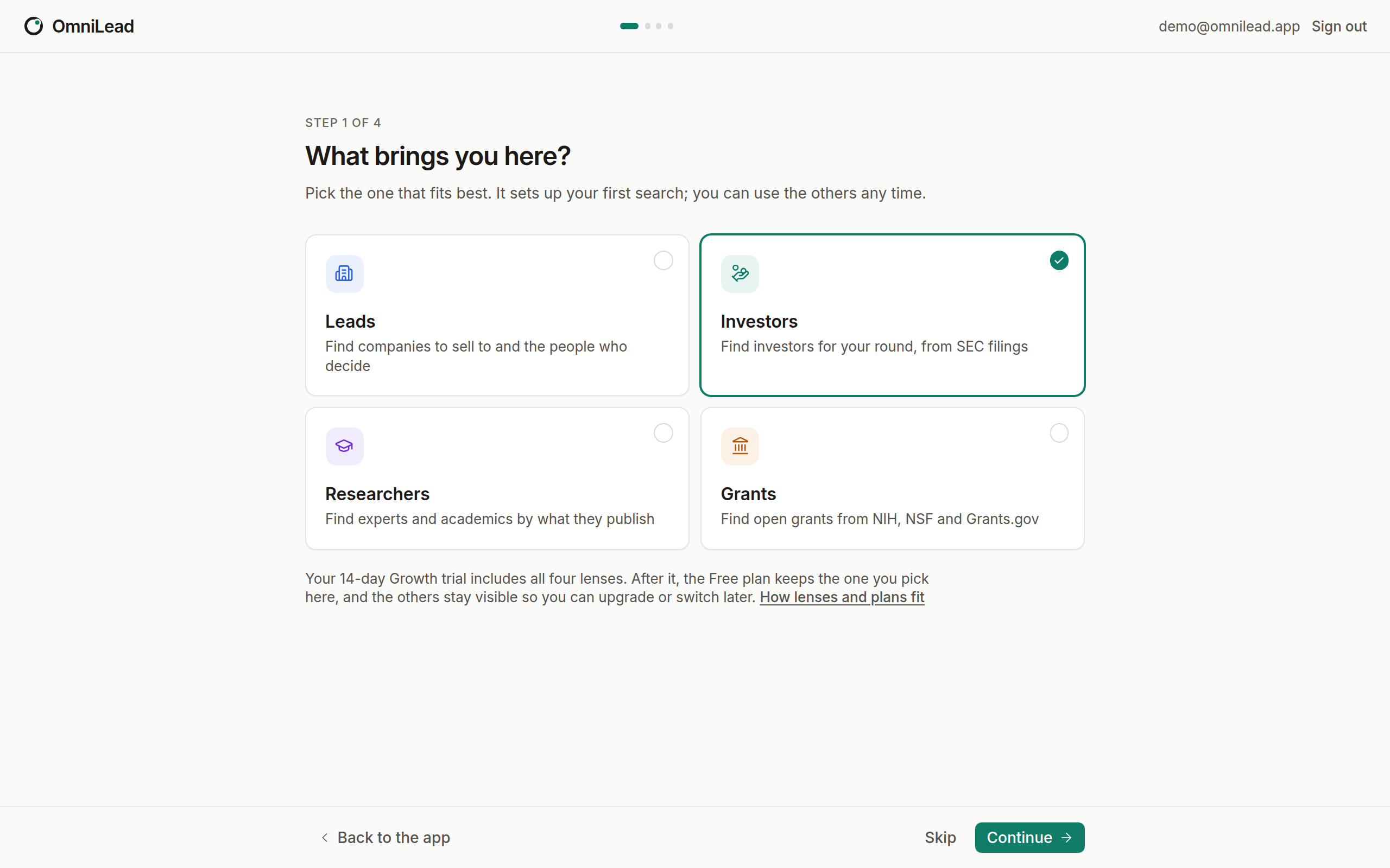 Onboarding step one with four large cards: Leads, Investors, Researchers and Grants