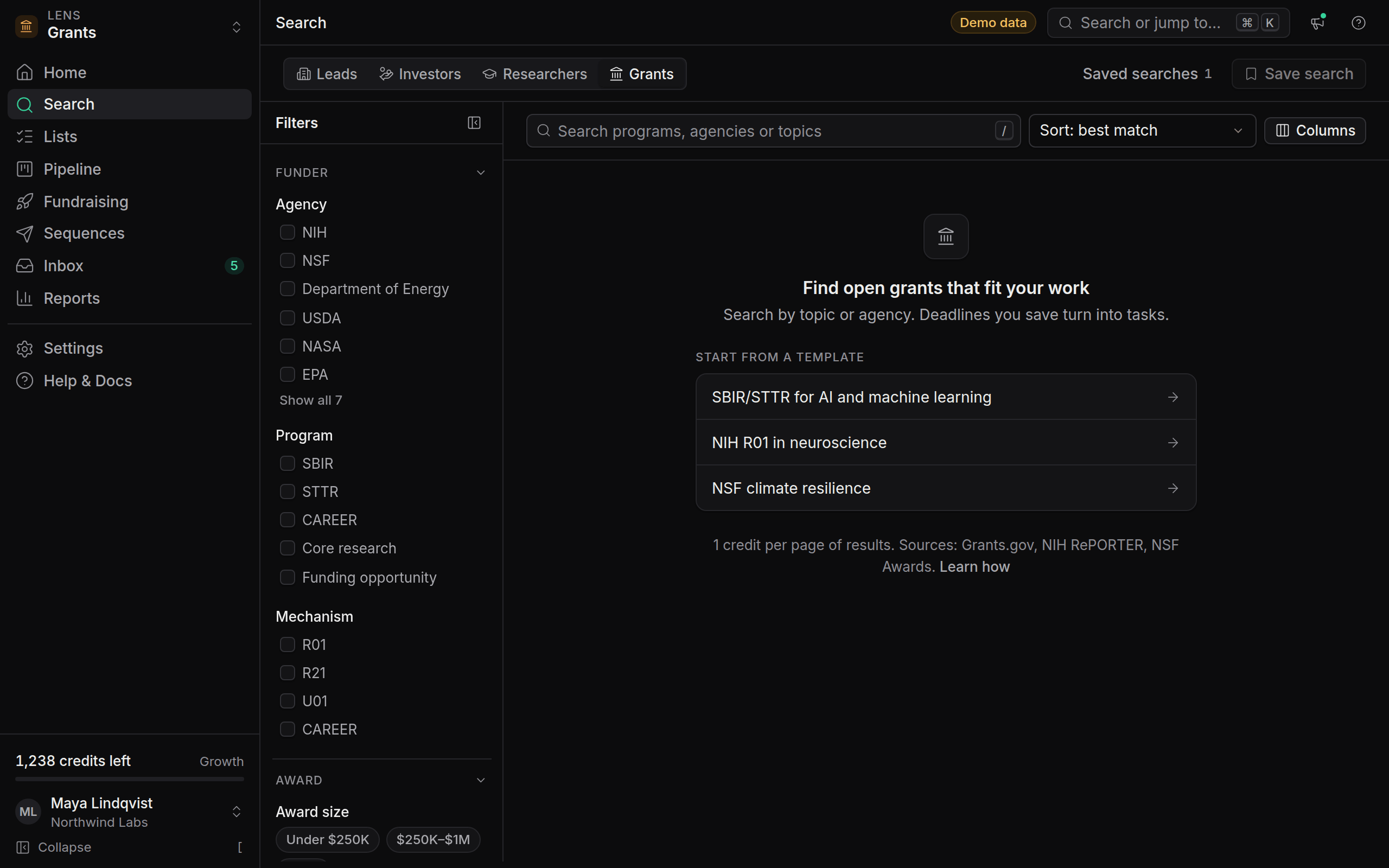 Grant search with agency and deadline filters and open opportunities