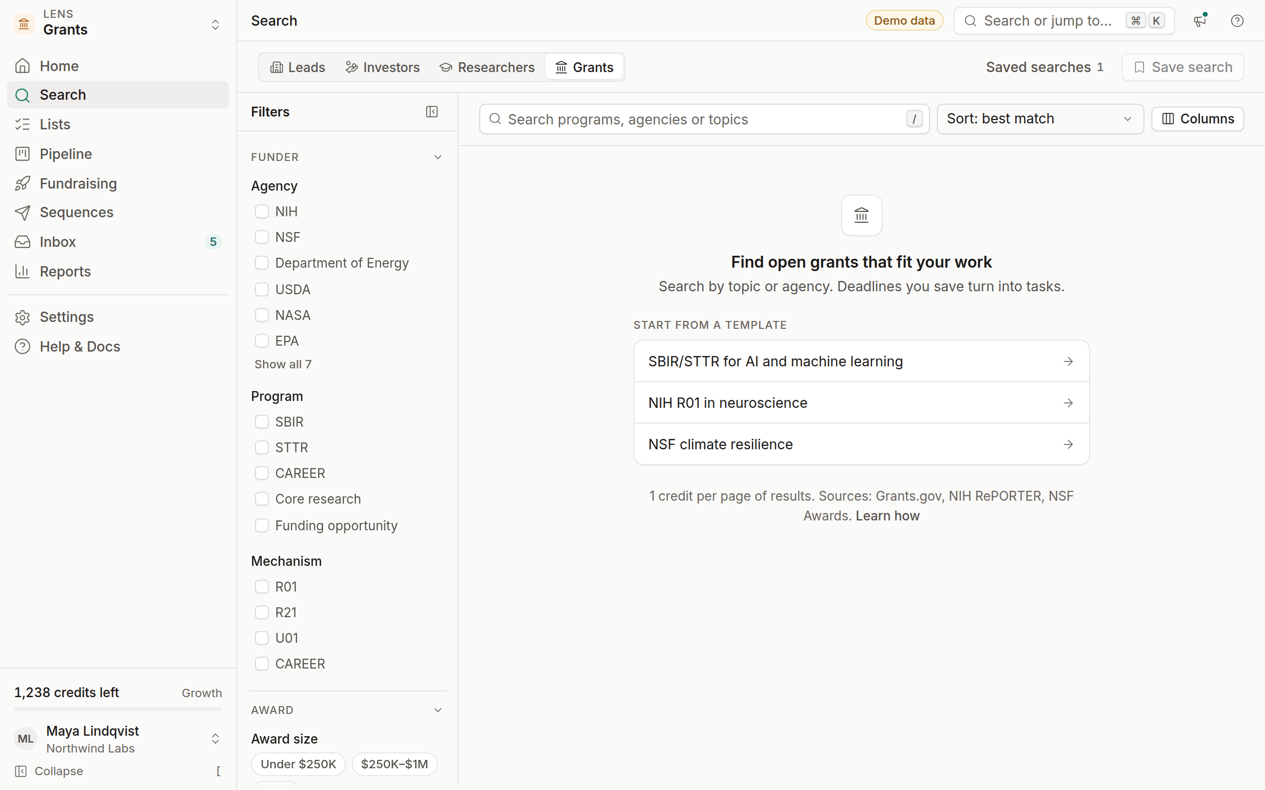 Grant search with agency and deadline filters and open opportunities