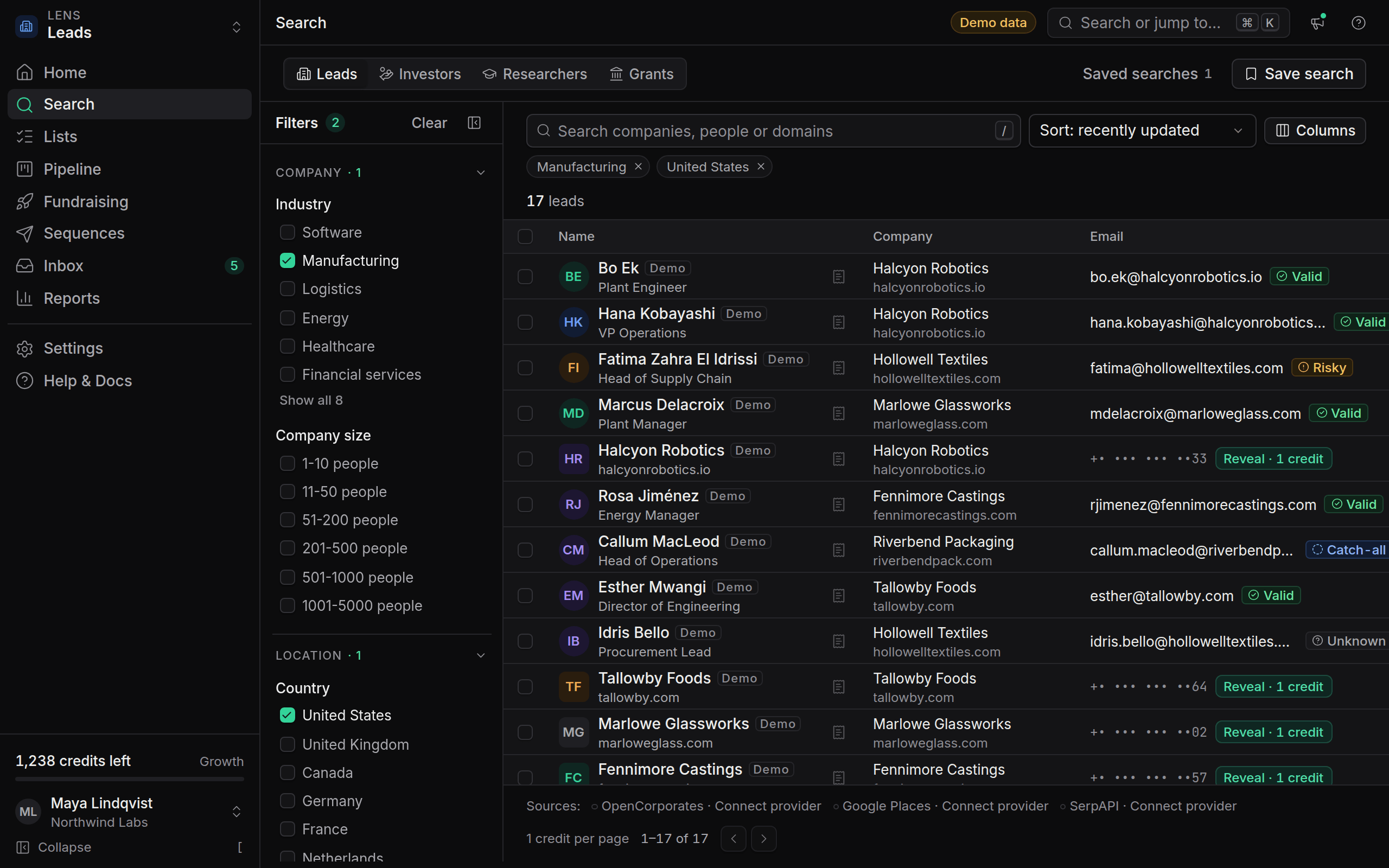 Leads search with filter groups on the left and company and people results on the right
