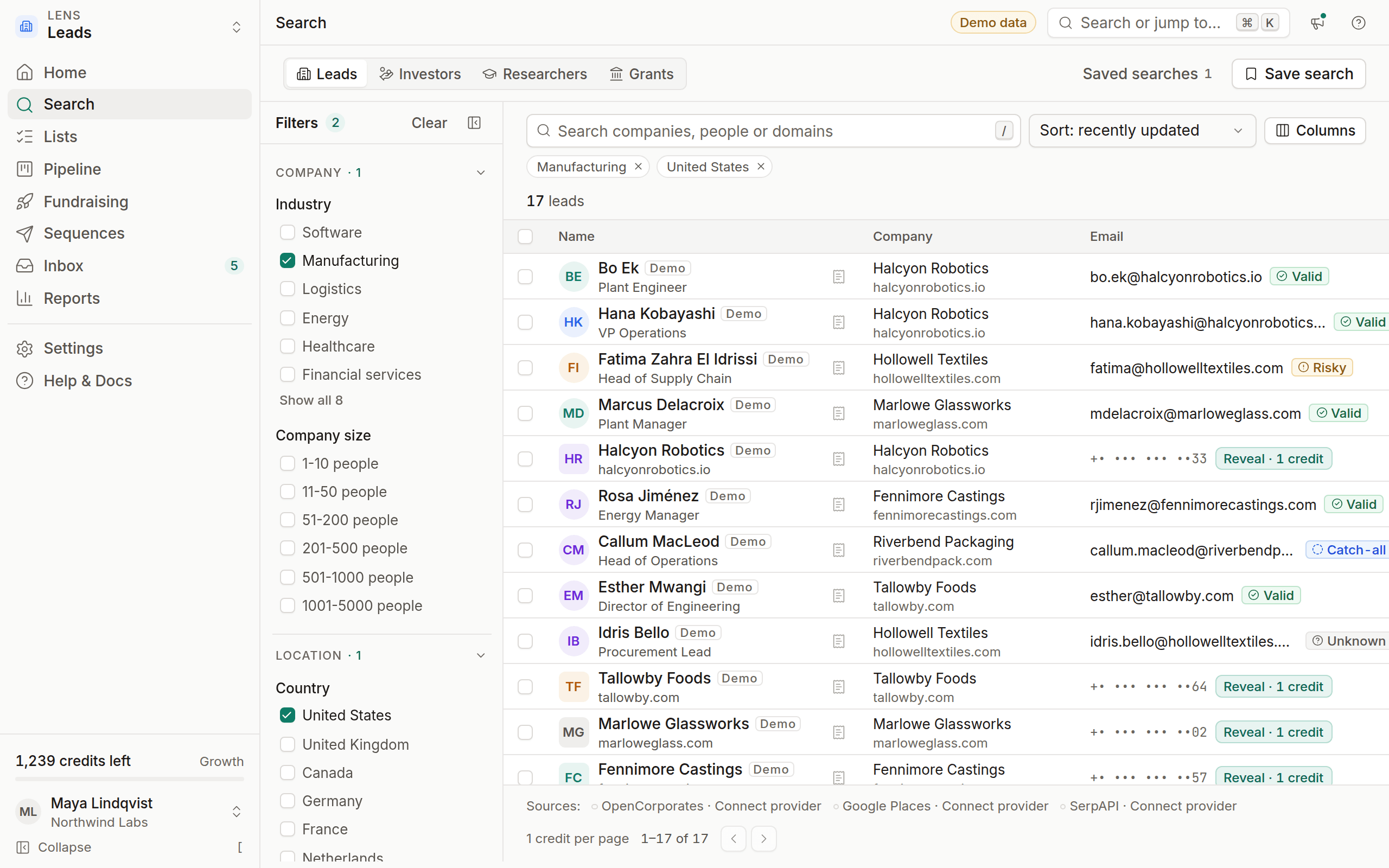 Leads search with filter groups on the left and company and people results on the right