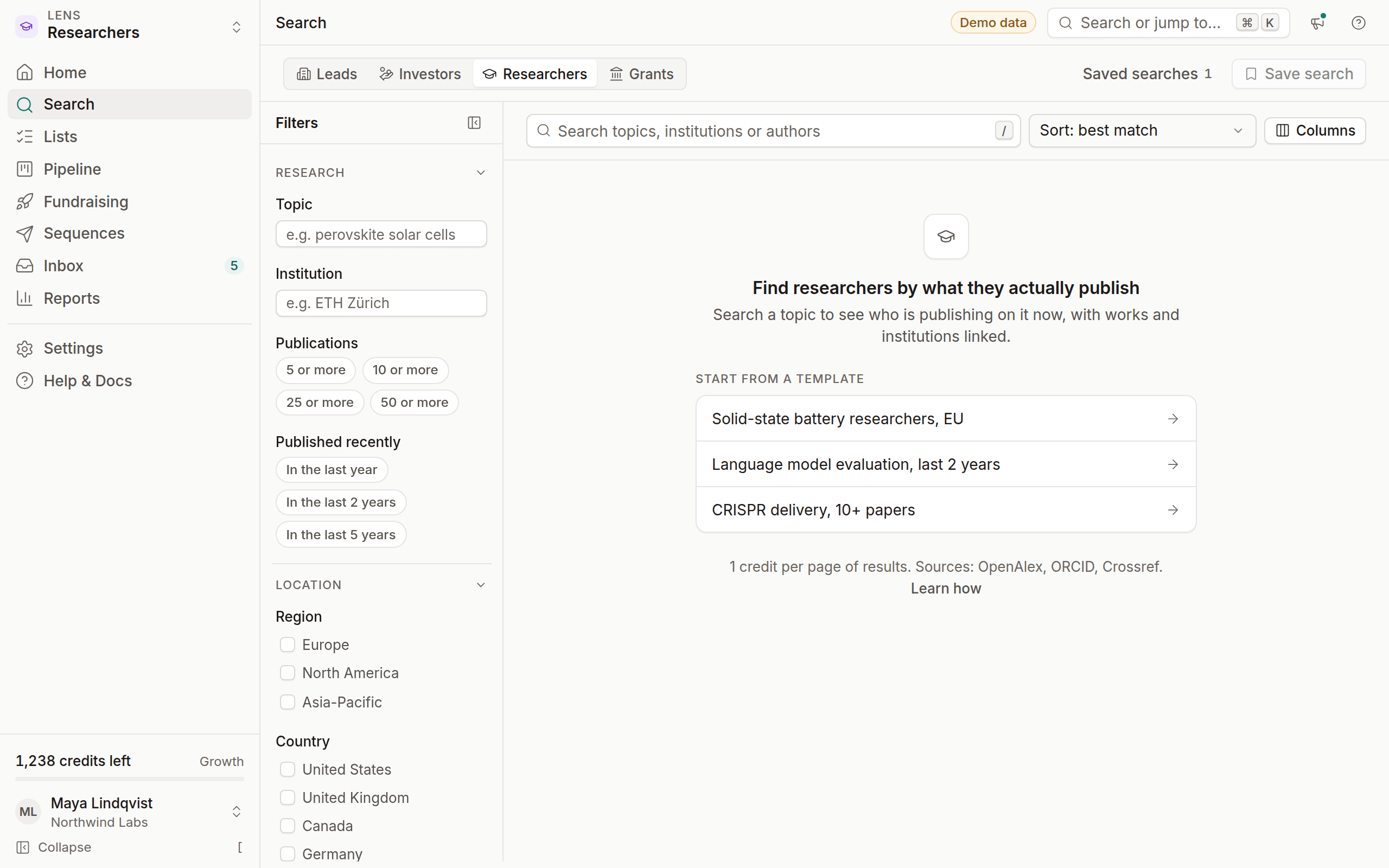 Researcher search results for a topic with institution, country and publication counts